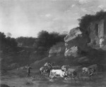Felsige Landschaft mit Viehherde