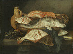 Stillleben mit Fischen, Muscheln und Krug