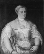 Bildnis einer Frau, ein Kreuz und ein Buch haltend