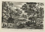 Landschaft mit Reisenden und Brücke über einen Fluss
