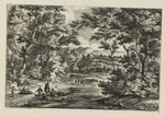 Landschaft mit an einem Bach rastenden Reisenden