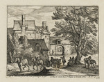 Landschaft mit dreispännigem Wagen und Dorf im Hintergrund