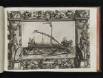 Festwagen in Form einer Galeere in einem ornamentalen Rahmen