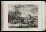 Landschaft mit Frau, die eine Ziege melkt