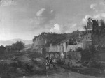 Stadtbefestigung in einer bergigen Landschaft