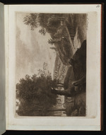 Hügelige Landschaft mit Brücke und Jägern