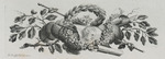Zeichnung eines Kopfes, Stift, Malstock und Lorbeerkranz