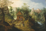 Gebirgstal mit Herberge und Burg