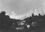 Ruhende Herde an einem Bach in südlicher Landschaft