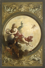 Flora mit Blumen streuenden Putten, eingerahmt von Laubwerk mit Masken