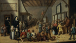 Schulstube mit Portrait einer Familie