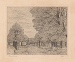 Marktplatz von St. Anna mit Brunnen und großem Baum, Kirchturm im Hintergrund
